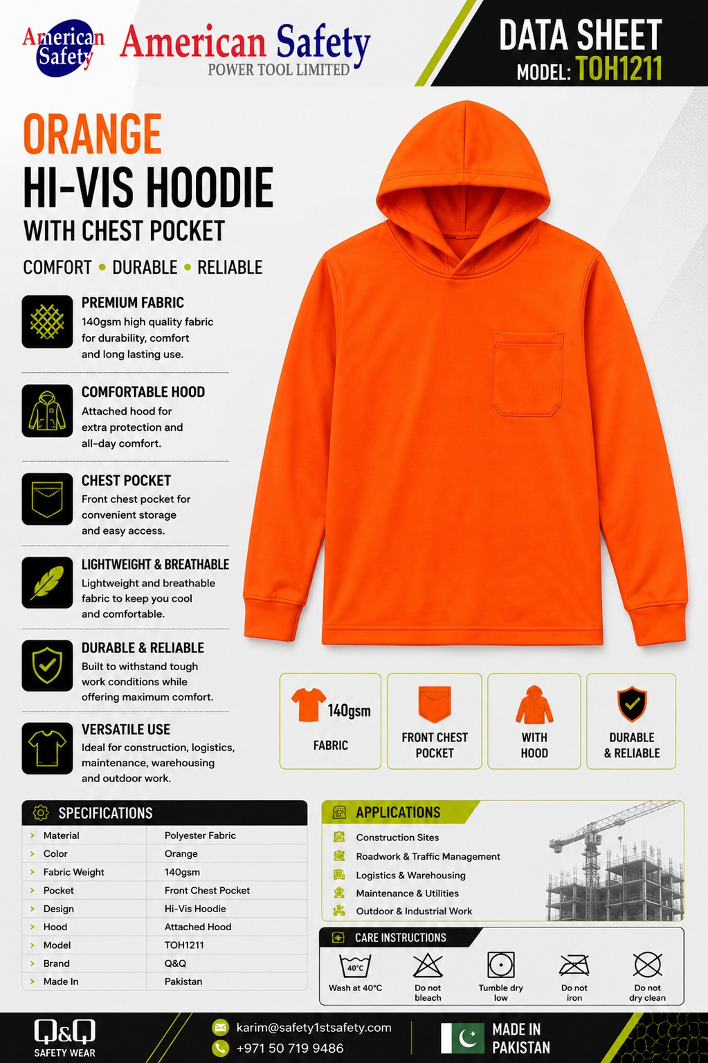 Orange Hi-Vis Hoodie with Chest Pocket TOH1211 brochure