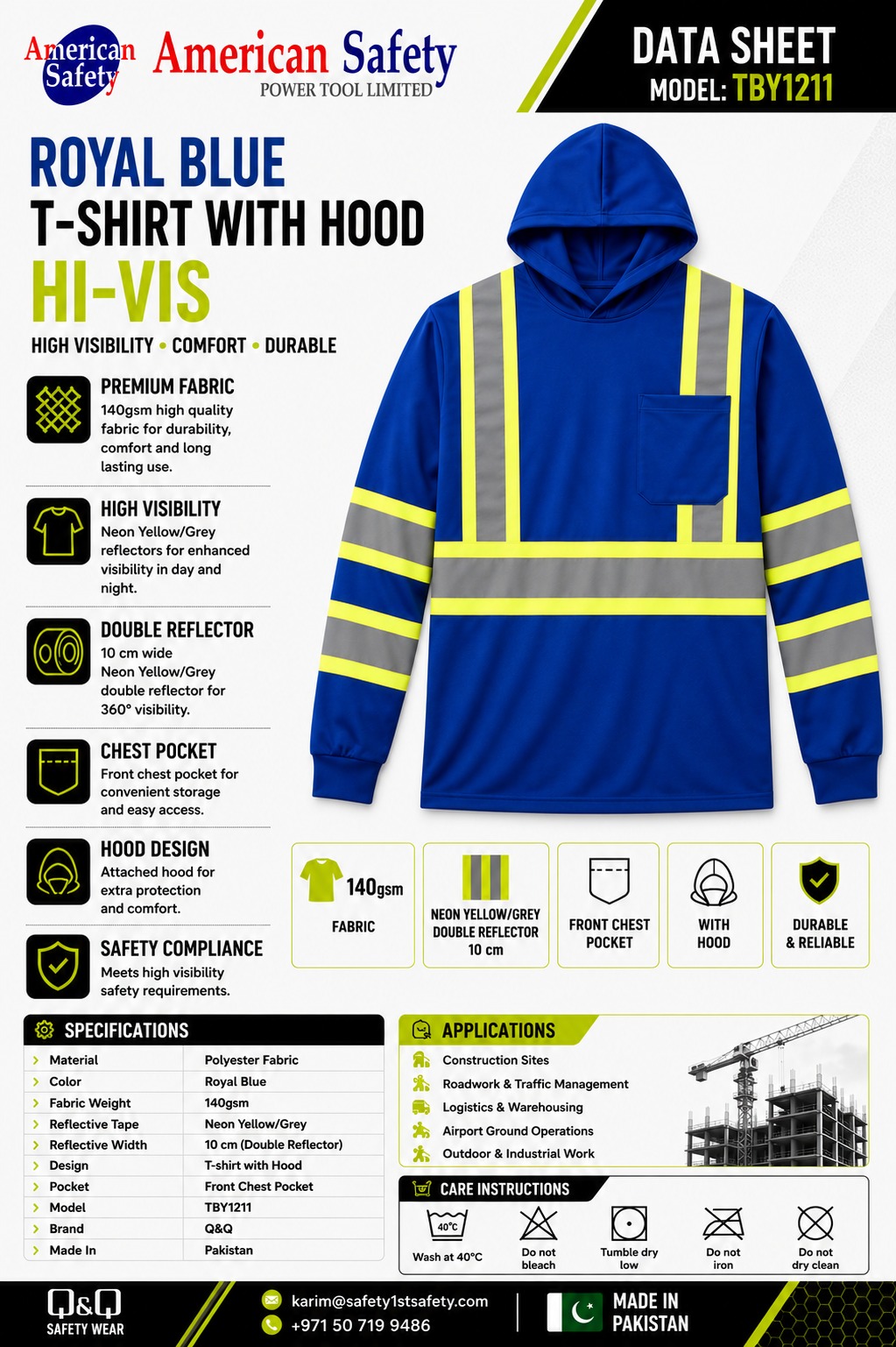 Royal Blue Hi-Vis T-Shirt with Hood TBY1211 Brochure